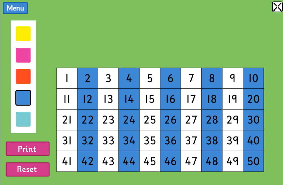 A pattern made  on the 1 - 50 number chart