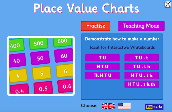Place Value Charts maths game by Topmarks