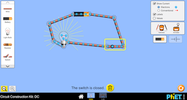 PhET project, electricity circuit builder