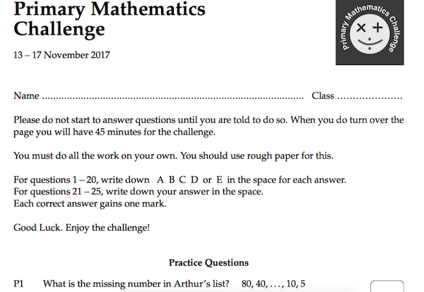 Primary Maths Challenge - past test paper