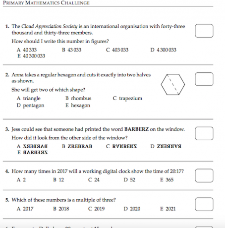 Primary Maths Challenge - past-test paper