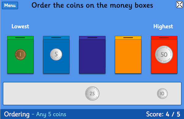 Coins Game - learning coinage with Topmarks. Money Sorting, Ordering and Counting activities 