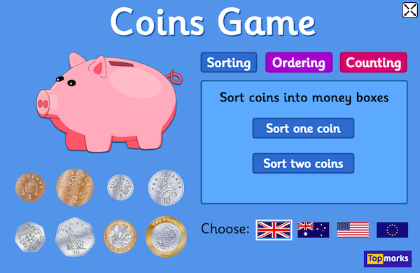 Coins Game - learning coinage with Topmarks. Money Sorting, Ordering and Counting activities 