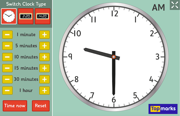 Teaching Clock, children's resource for telling the time, Topmarks