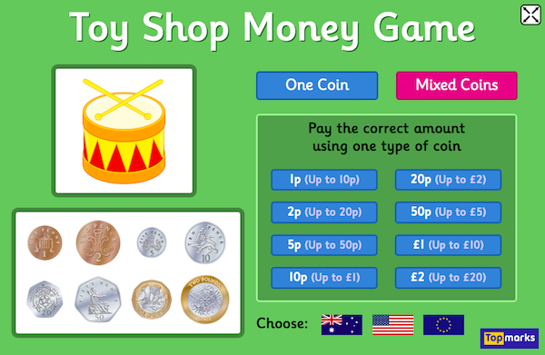 Toy Shop Money maths game for primary-age children, by Topmarks