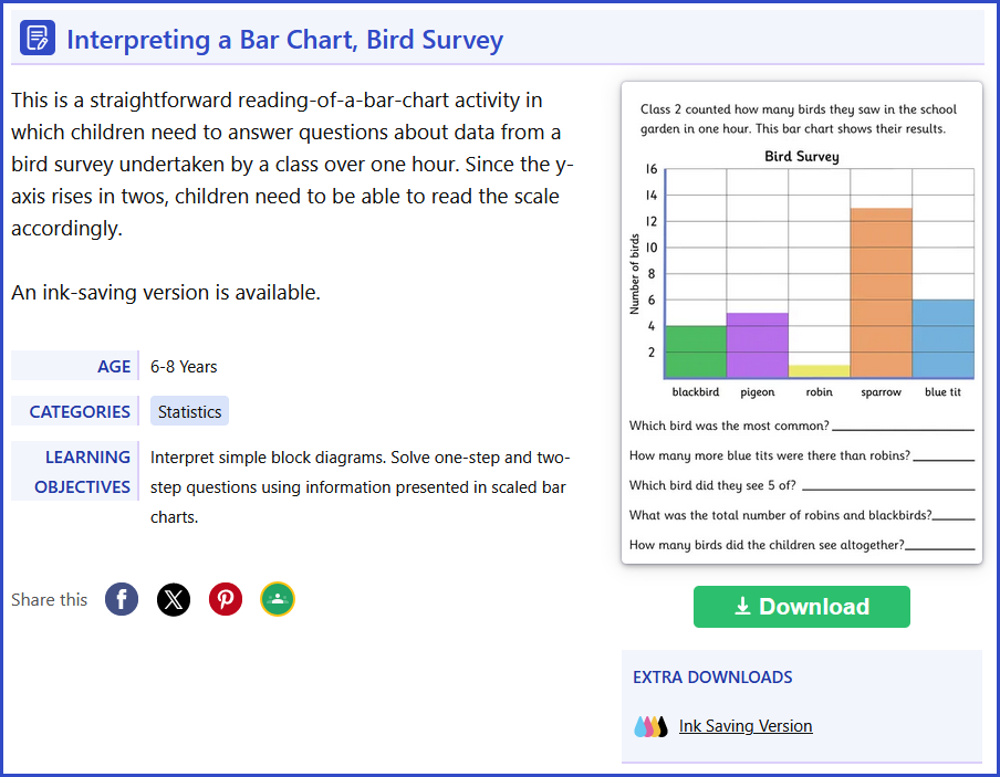 Example Statistics Worksheet for 6-8 Year Olds