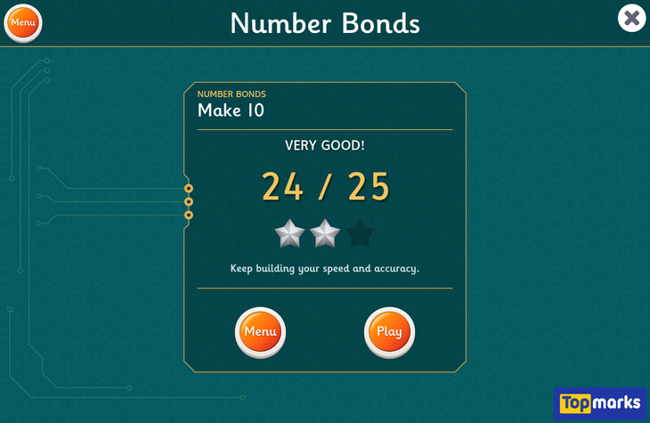 Number bonds results showing earned stars and encouraging feedback