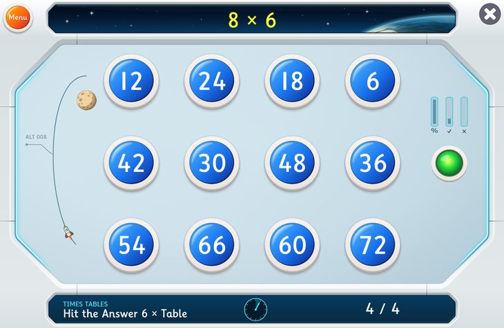 Times tables practice in the new Hit the Button space setting