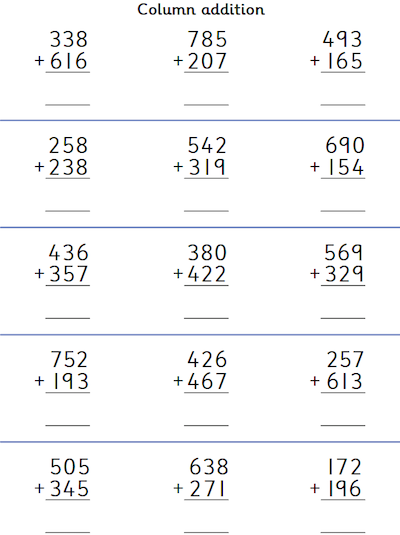 Worksheet: Column Addition of Two 3-Digit Numbers, With Carrying - Topmarks