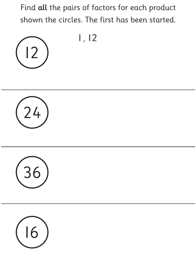 Worksheet: Finding Factor Pairs - Topmarks