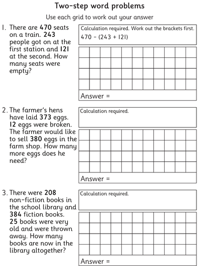 Worksheet: Two-Step Word Problems, Three-Digit Numbers - Topmarks