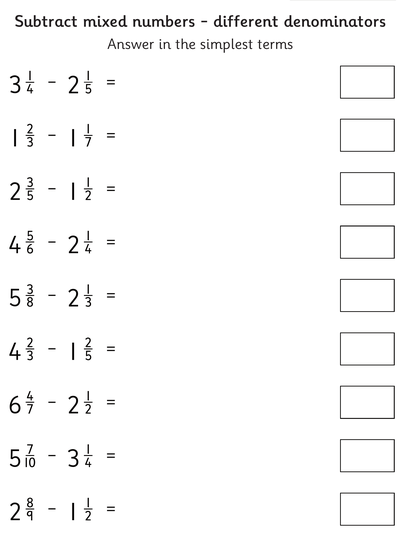 Worksheet: Subtract Mixed Numbers, Different Denominators - Topmarks