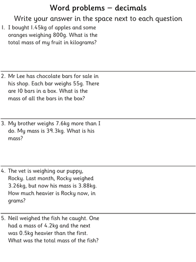 Worksheet: Word Problems involving Decimal Masses - Topmarks