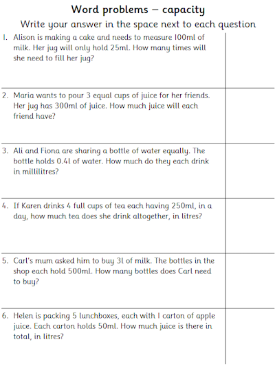 Worksheet: Solving Word Problems involving Capacity - Topmarks
